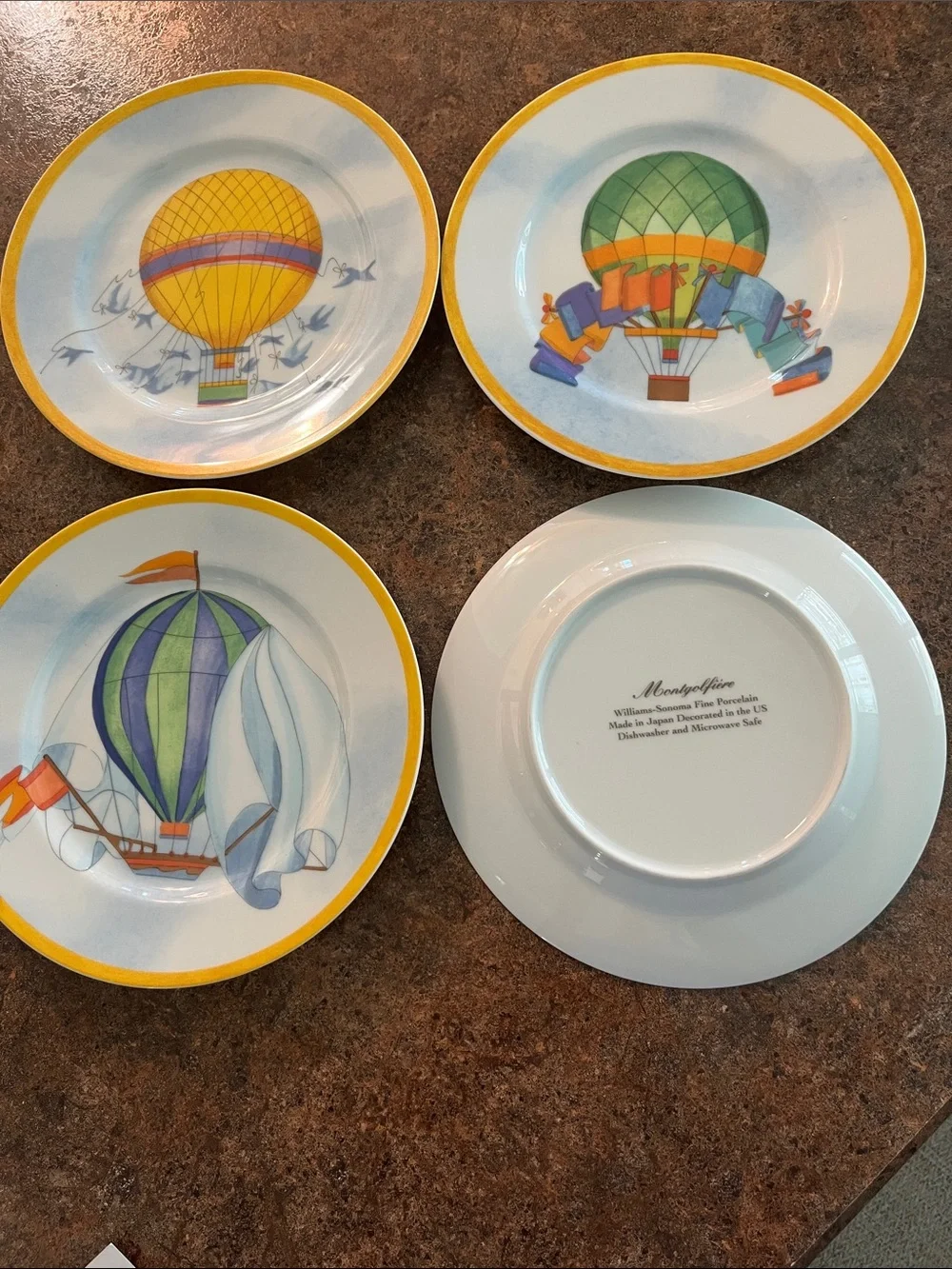 4 Williams Sonoma Montgolfiere porcelain Hot Air Balooon design salad plates 8”